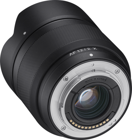 Rear mount view of 12mm f/2.0 AF lens for Fuji X, glass element and AF 12/2 X ring