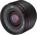 Front glass of 12mm f/2.0 AF lens, black housing with red ring and Ø62 marking