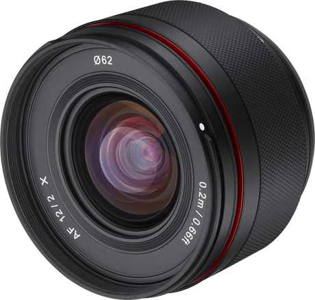 Front glass of 12mm f/2.0 AF lens, black housing with red ring and Ø62 marking