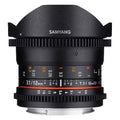 Samyang 12mm T3.1 fisheye lens, black barrel with focus scale and red ring