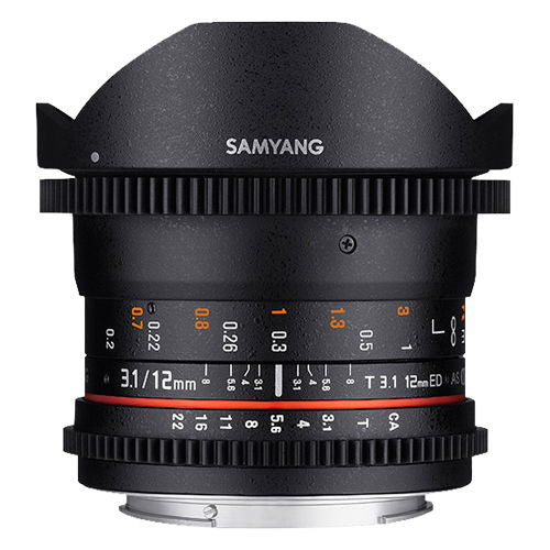 Samyang 12mm T3.1 fisheye lens, black barrel with focus scale and red ring
