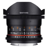 Black 12mm fisheye lens front with glass and engraved focus scale rings