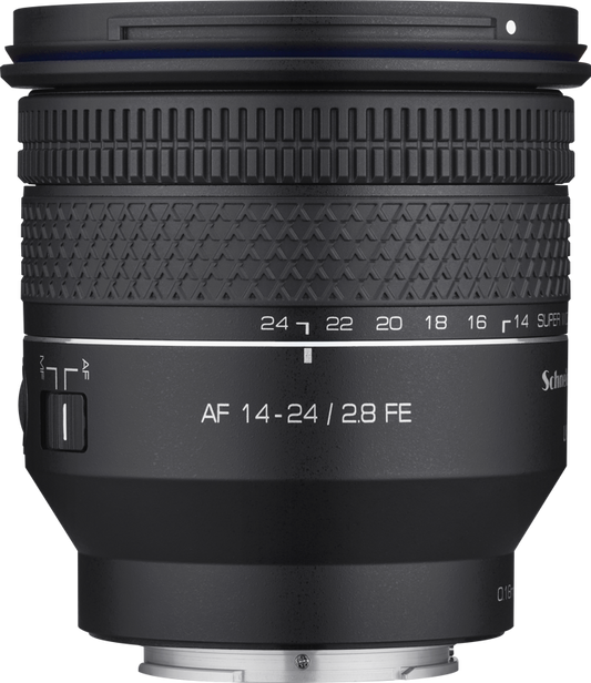 Obiectiv Samyang 14-24 F2.8 Sony FE, corp negru, buton și marcaje pe cilindru.