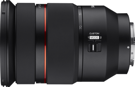 24-70mm f/2.8 FE lens side view with CUSTOM MODE 1/2 switch and zoom scale