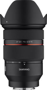 24-70mm f/2.8 FE mirrorless lens front view, textured zoom ring and red AF stripe