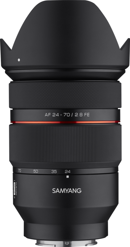 24-70mm f/2.8 FE mirrorless lens front view, textured zoom ring and red AF stripe