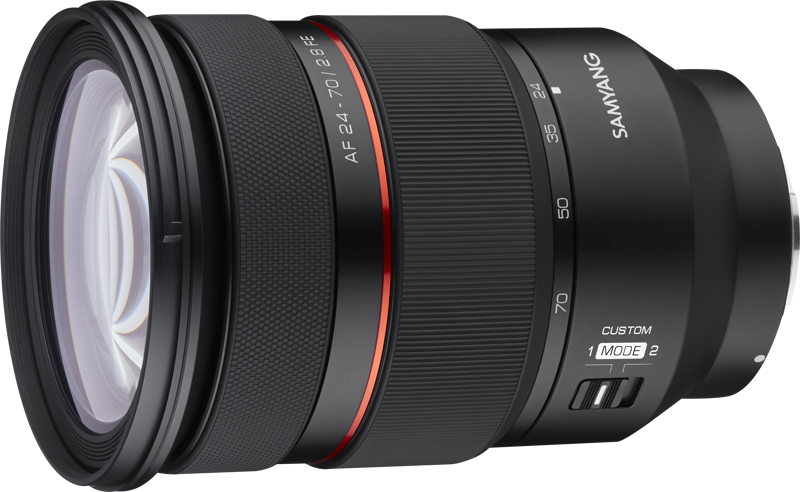 24-70mm f/2.8 FE lens angled view with AF 24-70 f/2.8 scale and grip texture