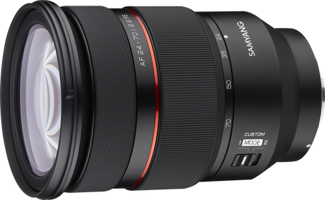24-70mm f/2.8 FE lens angled view with AF 24-70 f/2.8 scale and grip texture
