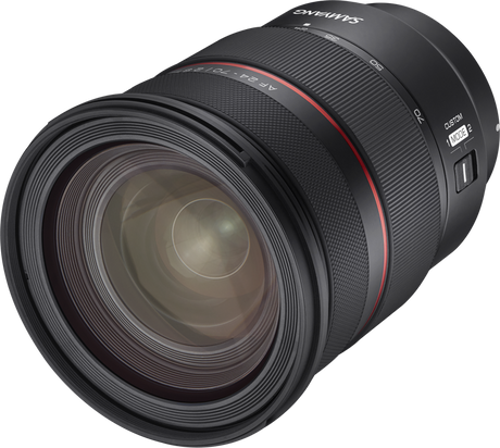 24-70mm f/2.8 FE lens front element view, black housing with red ring detail