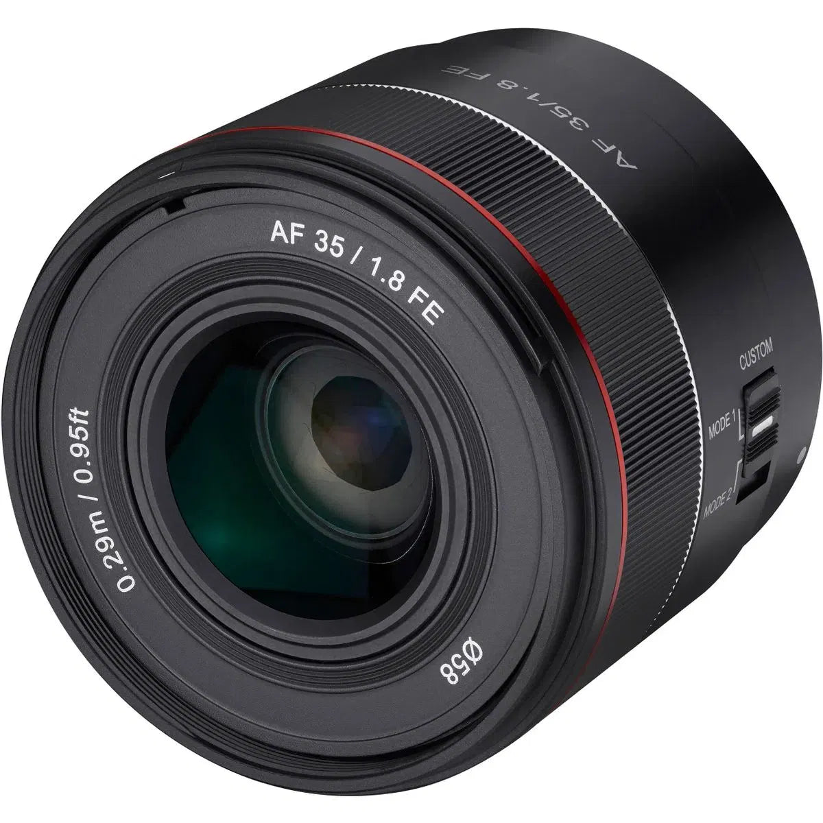 Angled front view of black AF 35/1.8 FE lens, red ring and mode labels visible