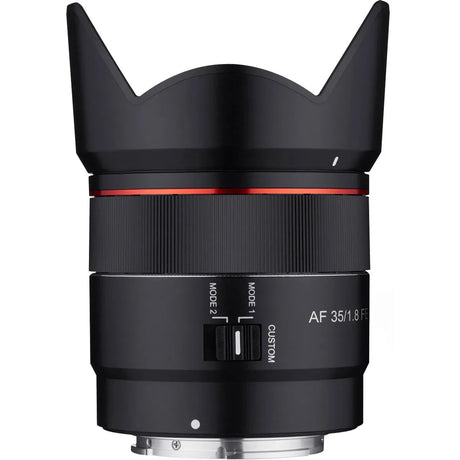 Black lens barrel with grip lines and AF 35/1.8 FE text, rear mount area visible