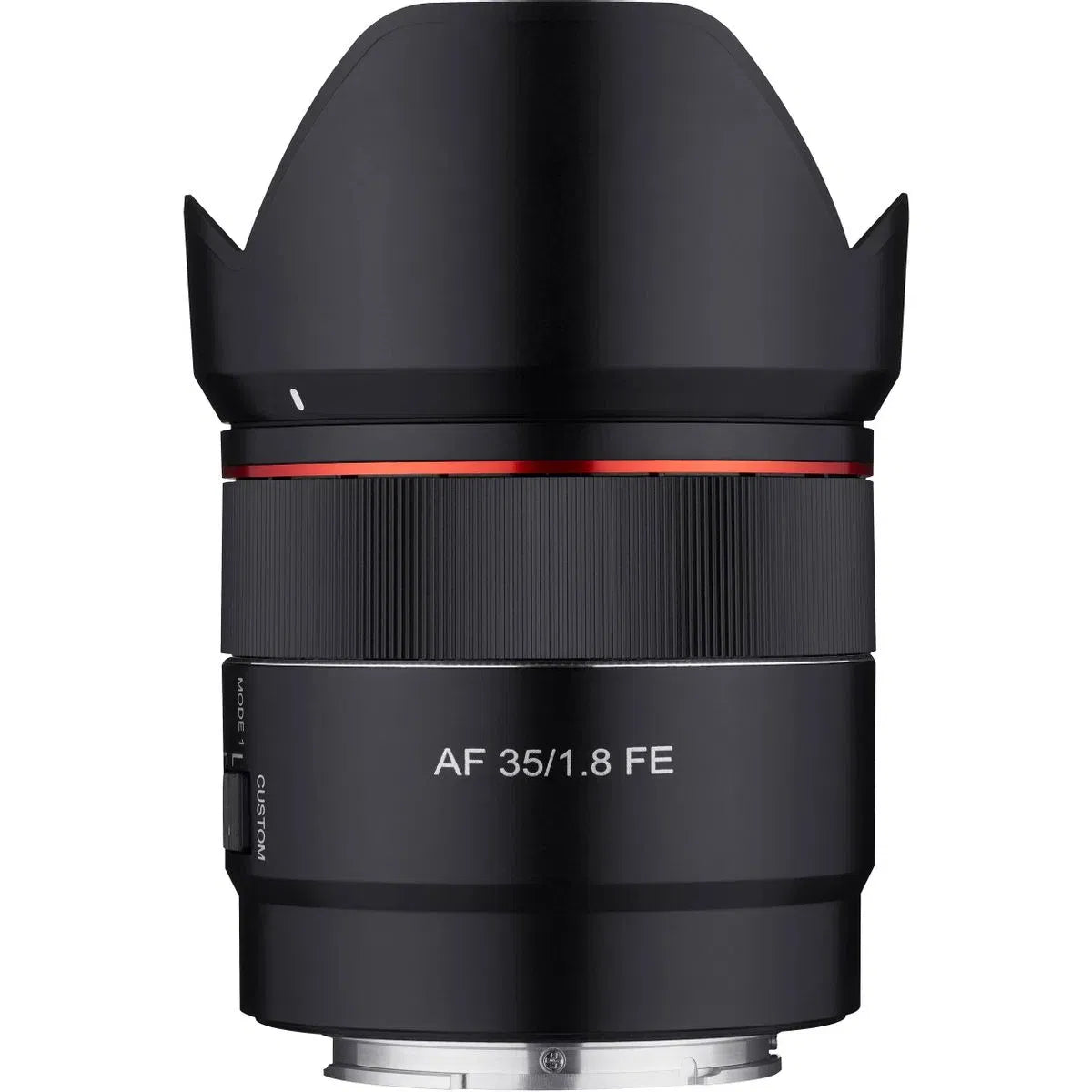 Black Samyang AF 35mm f/1.8 FE autofocus lens for Sony E, front mount area visible
