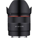 Black Samyang AF 35mm f/1.8 FE autofocus lens for Sony E, front mount area visible