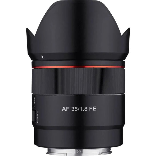 Black Samyang AF 35mm f/1.8 FE autofocus lens for Sony E, front mount area visible
