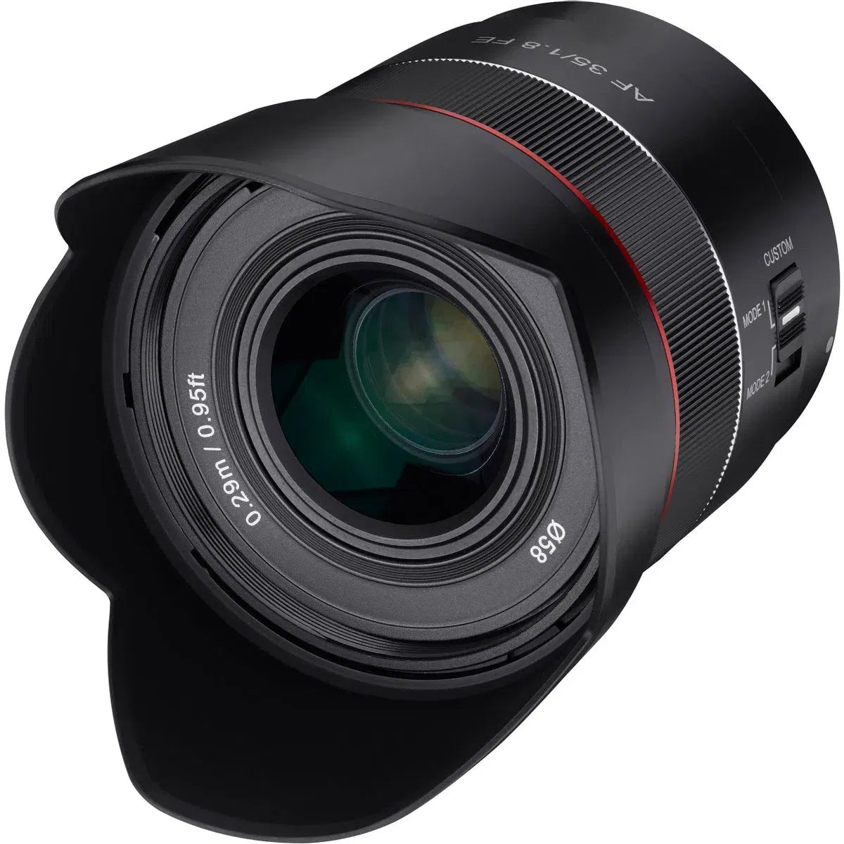 Front view of black 35mm f/1.8 FE lens with red ring and glass element