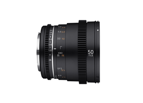 Black 50mm T1.5 VDSLR lens, side view with distance scale and focus ring
