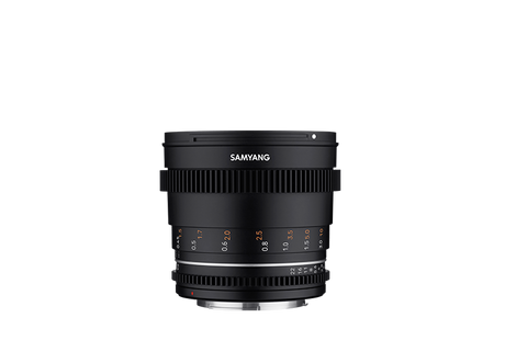 Full view of black 50mm T1.5 VDSLR lens, ridged focus ring and measurement markings