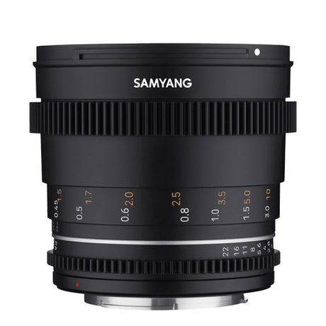 50mm T1.5 VDSLR lens, black barrel with focus scale and aperture markings