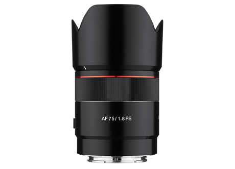 Black 75mm F1.8 AF FE camera lens, red ring and ribbed focus ring