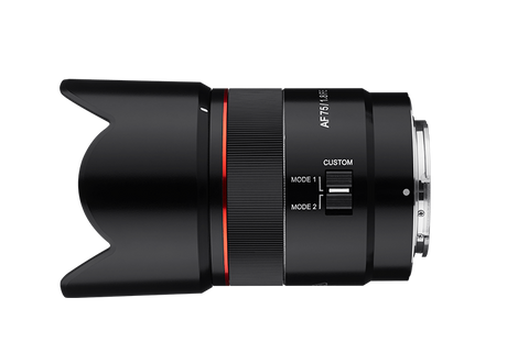 Side view of black 75mm F1.8 AF FE lens, custom switch with mode labels