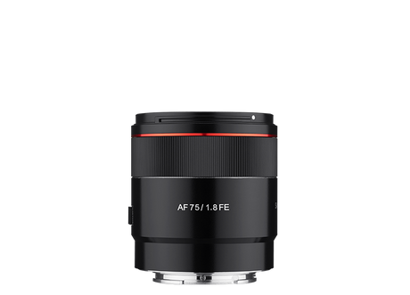 Front view of black 75mm F1.8 AF FE lens with AF 75 / 1.8 FE marking