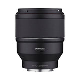 Black 85mm F1.4 mirrorless lens with textured grip and metal mount ring