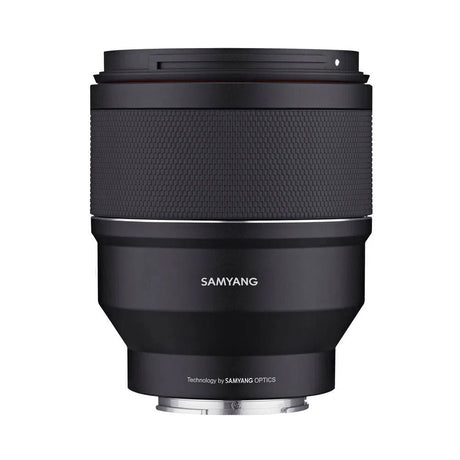 Black 85mm F1.4 mirrorless lens with textured grip and metal mount ring