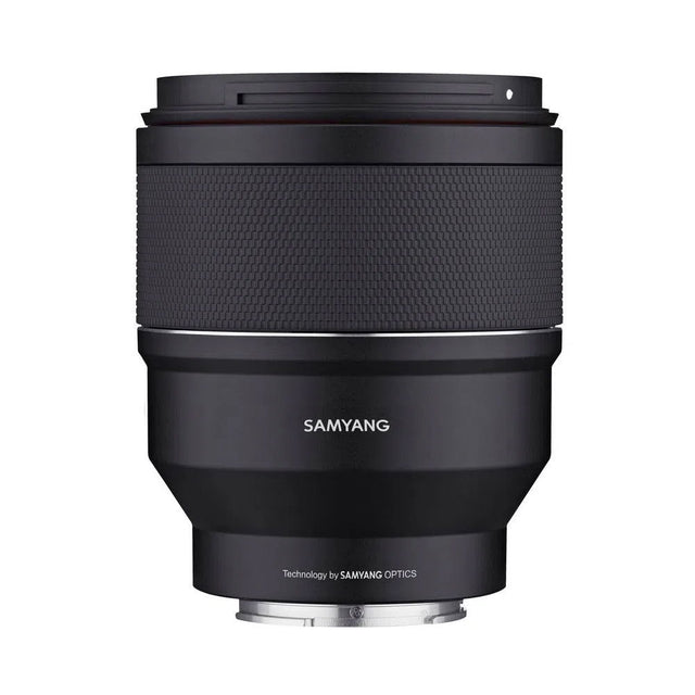 Black 85mm F1.4 mirrorless lens with textured grip and metal mount ring