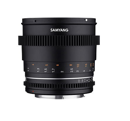 Black 85mm T1.5 VDSLR MK2 lens front view with aperture scale and ridges