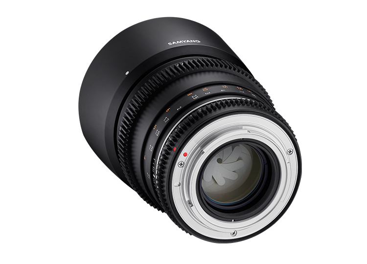 Front view of black 85mm T1.5 MFT lens showing glass element inside metal hood
