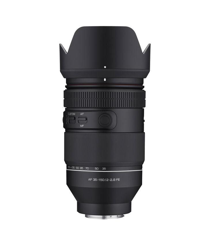 Front view of AF 35-150mm F2-2.8 FE zoom lens, textured barrel and front element