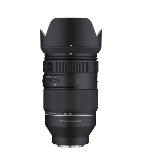 Front view of AF 35-150mm F2-2.8 FE zoom lens, textured barrel and front element