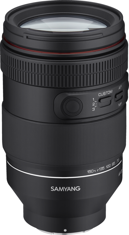 AF 35-150mm F2-2.8 FE lens side with CUSTOM/AF/MF buttons and focus controls