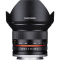 Samyang 12mm f/2.0 wide-angle mirrorless lens, black front cap, scale markings