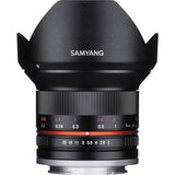 Samyang 12mm f/2.0 wide-angle mirrorless lens, black front cap, scale markings