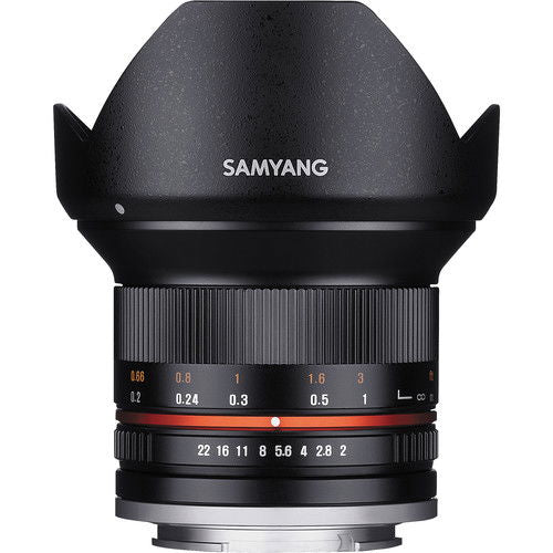 Samyang 12mm f/2.0 wide-angle mirrorless lens, black front cap, scale markings