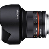 Black lens side view with hood and ribbed focus ring, red scale detail