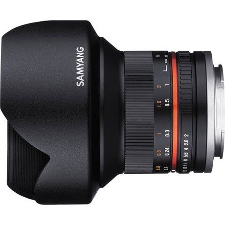 Black lens side view with hood and ribbed focus ring, red scale detail