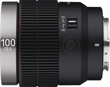 V-AF 100mm T2.3 FE lens, side view with markings and textured grip