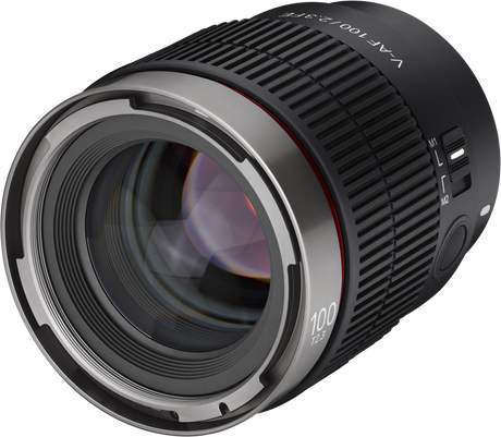 V-AF 100mm T2.3 FE lens, angled front with red ring and lens glass