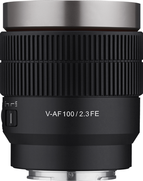V-AF 100mm T2.3 FE lens, front end with ribbed texture