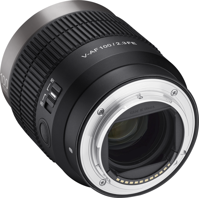 V-AF 100mm T2.3 FE lens, rear mount side with metal contacts and silver ring