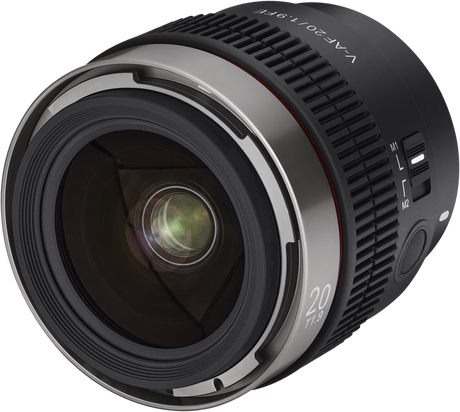 V-AF 20/1.9 FE lens angled view with ridged focus ring and silver front mount
