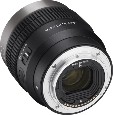 V-AF 20/1.9 FE lens rear mount showing electrical contacts and Made in Korea