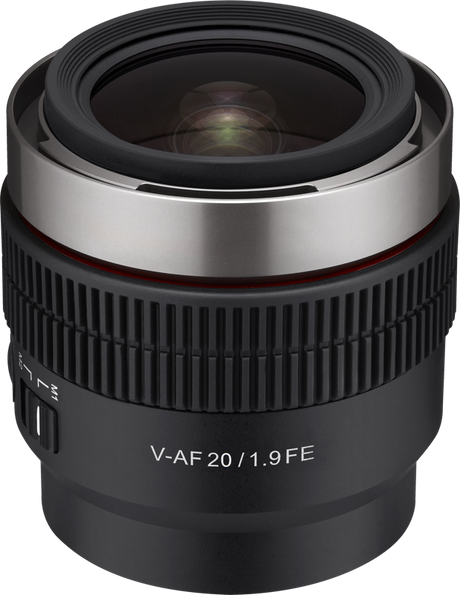 V-AF 20/1.9 FE lens front with glass element and metallic rim