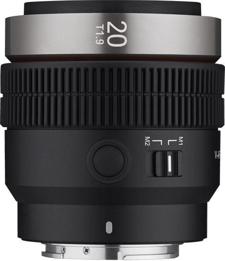 V-AF 20mm T1.9 lens barrel close-up with textured grip and front markings