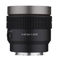 Samyang V-AF 24mm T1.9 FE cinematic auto-focus lens, front view with markings