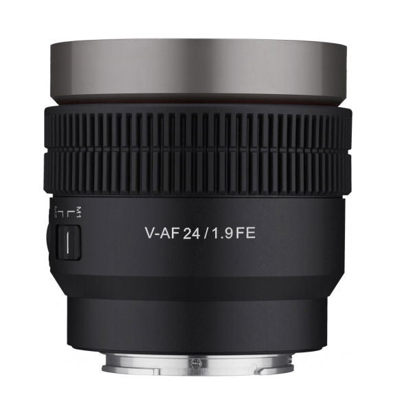 Samyang V-AF 24mm T1.9 FE cinematic auto-focus lens, front view with markings