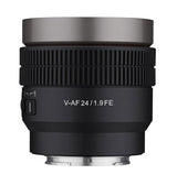 Samyang V-AF 24mm T1.9 FE cinematic auto-focus lens, front view with markings