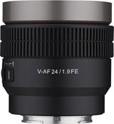 V-AF 24mm T1.9 FE lens three-quarter view with hood, front text, and silver mount
